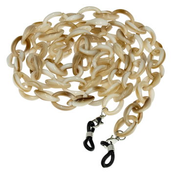 Das Bild zeigt eine cremefarbene Brillenkette aus Acryl.